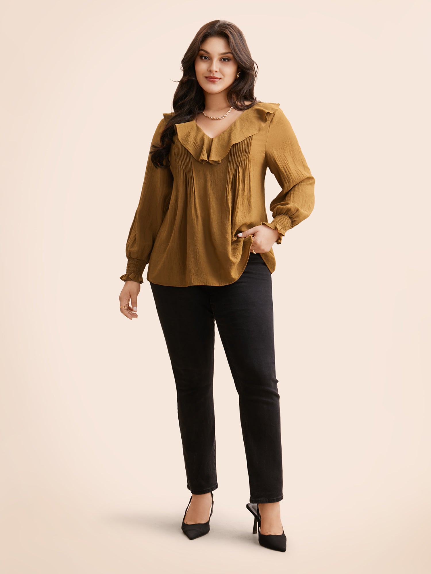 Solid Texture Pleated Ruffle Trim Blouse