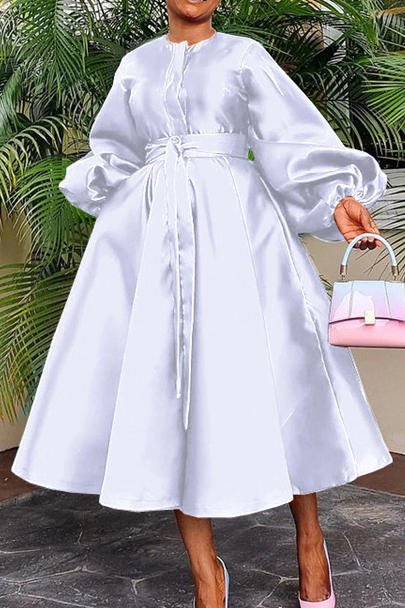 Casual Solid Bandage Patchwork Buckle O Neck Long Sleeve Dresses