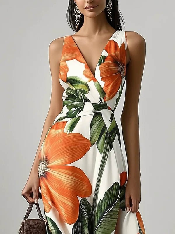 Loose Sleeveless Floral Printed Split-Joint V-Neck Evening Dresses Maxi Dresses