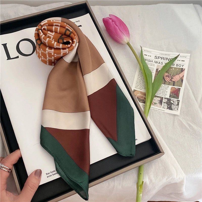 Women's Elegant Letter Flower Satin Silk Scarf
