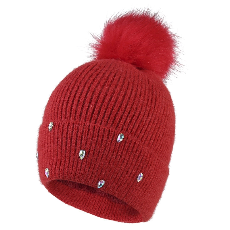 Women's Cute Sweet Solid Color Pom Poms Rhinestone Eaveless Wool Cap