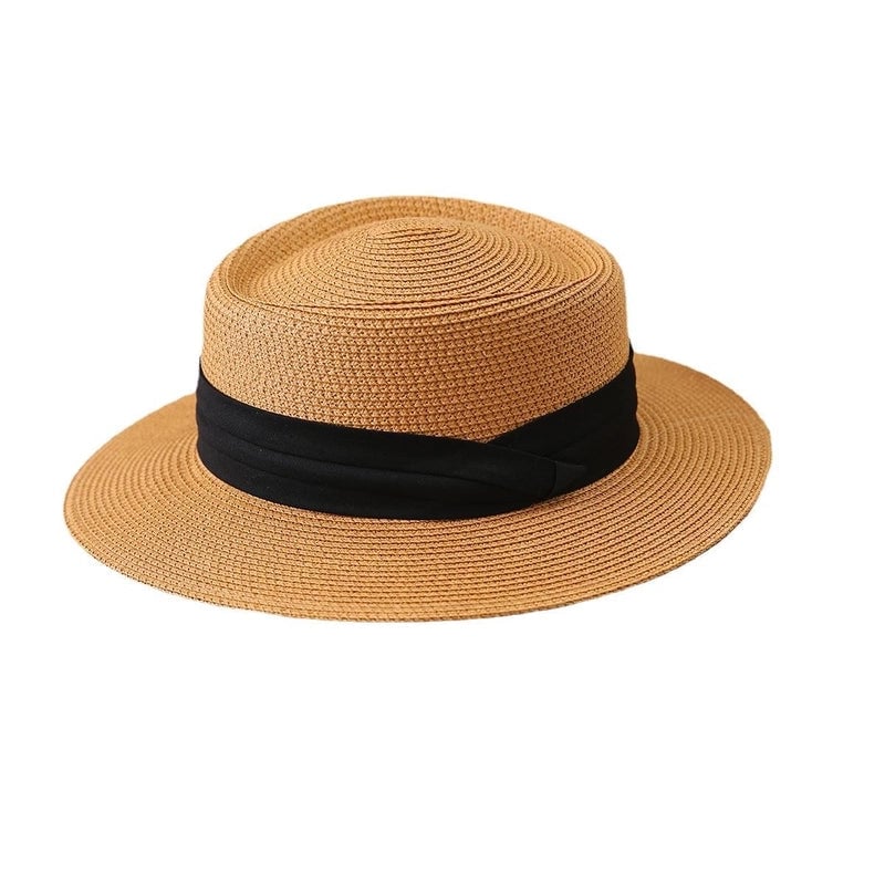 Big Head Straw Hat Women's Flat Top Hat Flat Brim Sunshade Hat Fashionable Women's Straw Sun Hat Showing Small Face