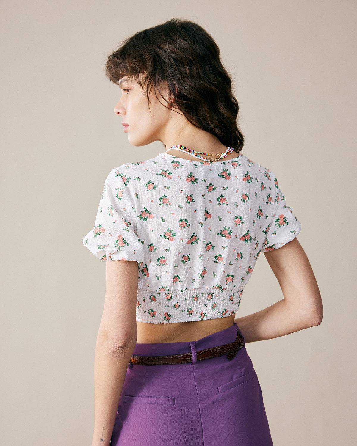 The Rose Print Drawstring Crop Blouse