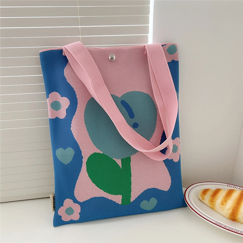 Women's Medium Knit Cartoon Flower Cute Square Lock Clasp Underarm Bag