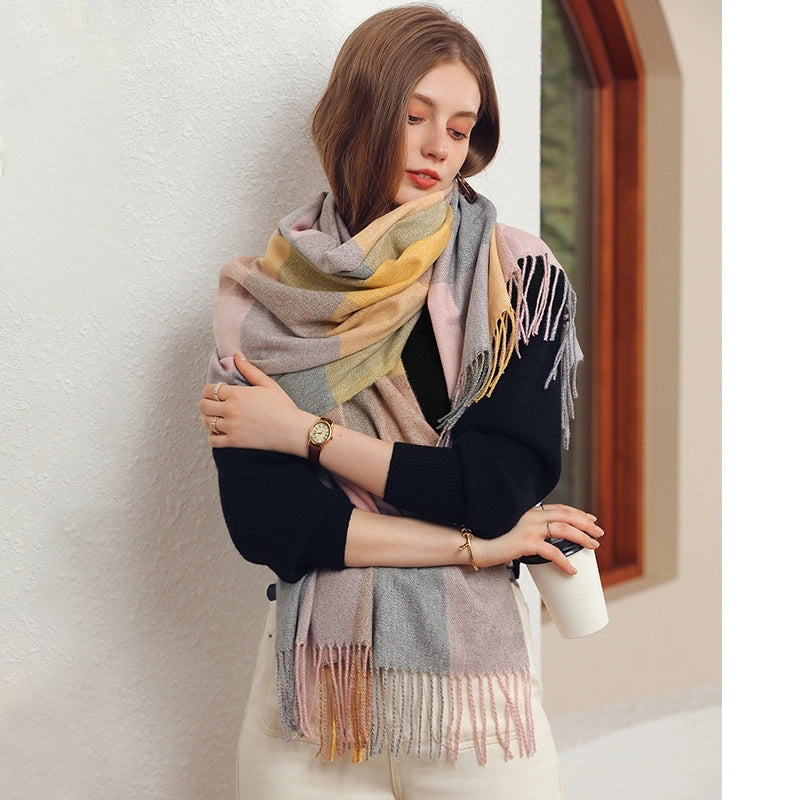 Unisex Lady Lattice Imitation Cashmere Tassel Scarf