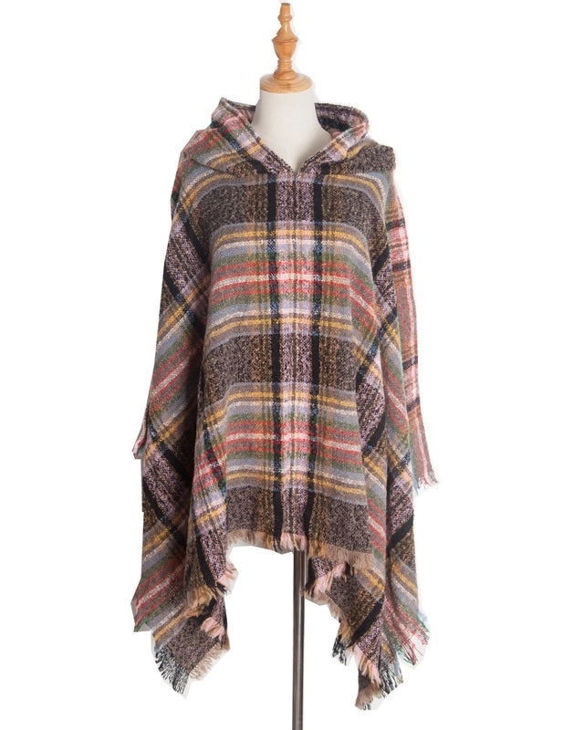 Direct New Cape Europe And The United States Spring And Autumn And Winter New Barbed Wool Pullover Plaid Hat Cape Shawl