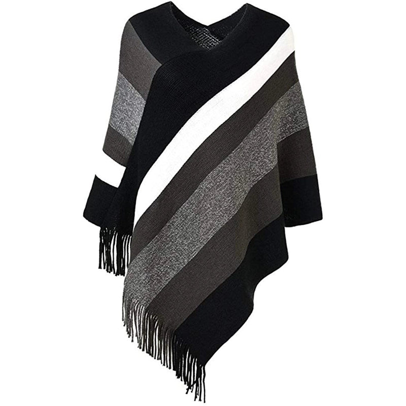 Women's Popular Pullover Cape Knitted Fashionable Color Matching Autumn And Winter Color Stripe Tassel Cape