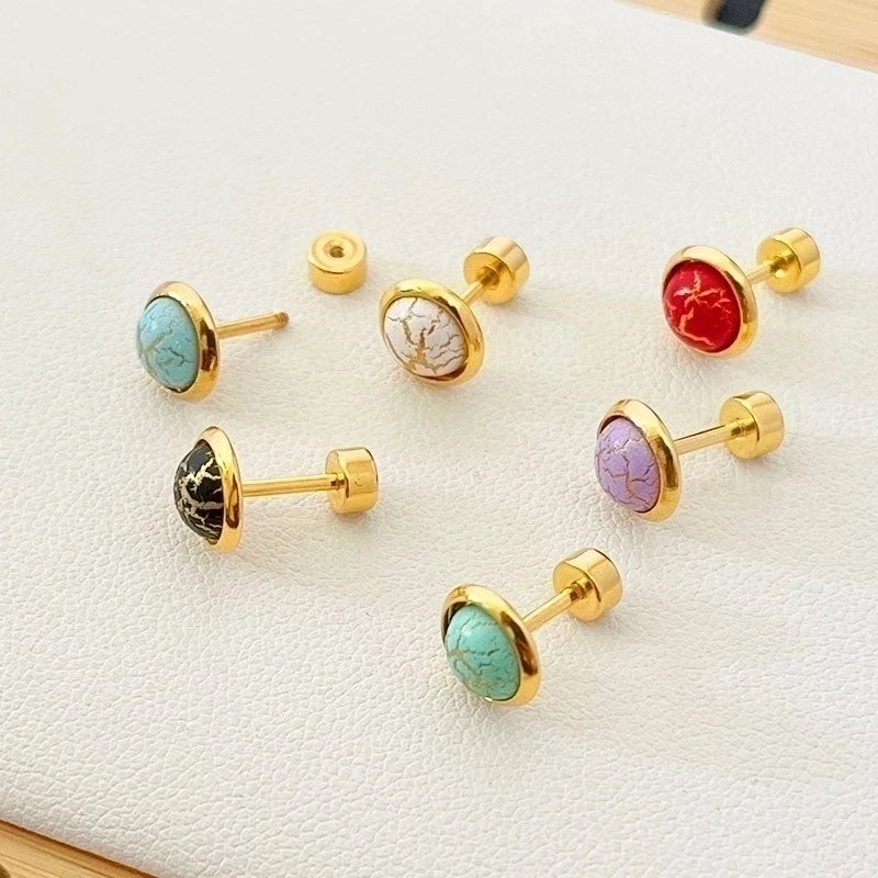 1 Piece Classic Style Round Inlay Stainless Steel Turquoise Ear Studs