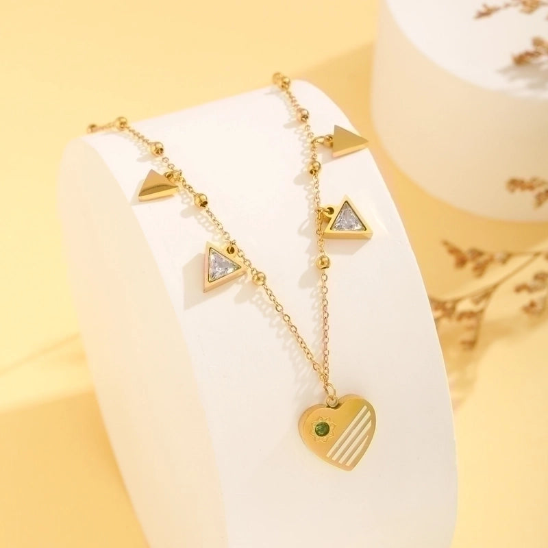 Titanium Steel 18K Gold Plated Minimalist Plating Inlay Water Droplets Heart Shape Rectangle Zircon Pendant Necklace