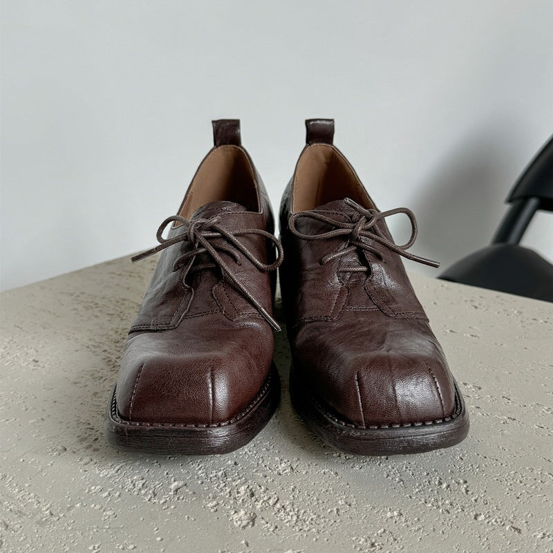 Handmade Wrinkled Sheepskin Block Heel Oxford Shoes in Black/Brown