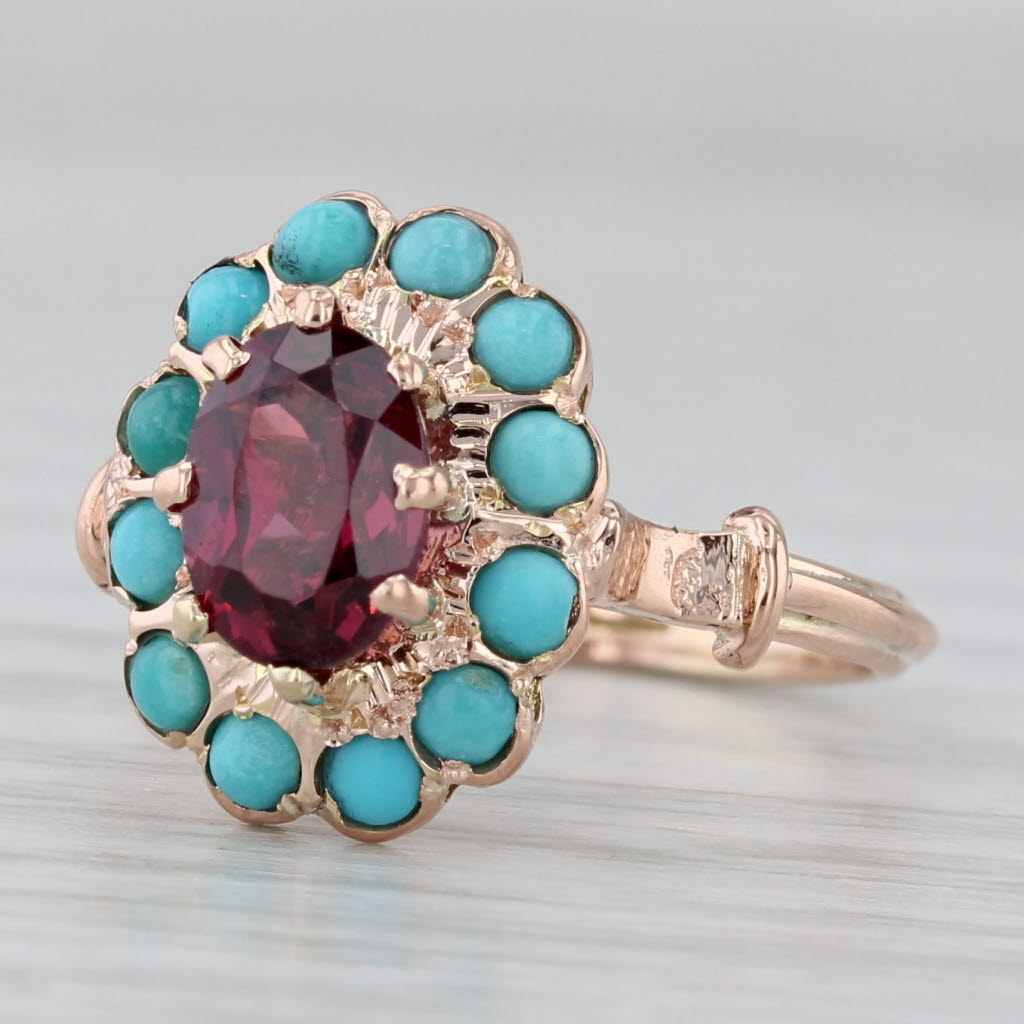 Vintage Rhodolite Garnet Turquoise Halo Ring 12k Rose Gold Size 5