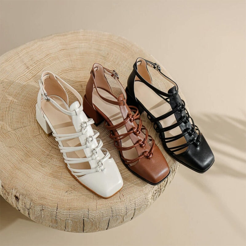 Casual Woven Strappy T-Strap Block Heel Cow Leather Sandals in Brown/Black/Beige