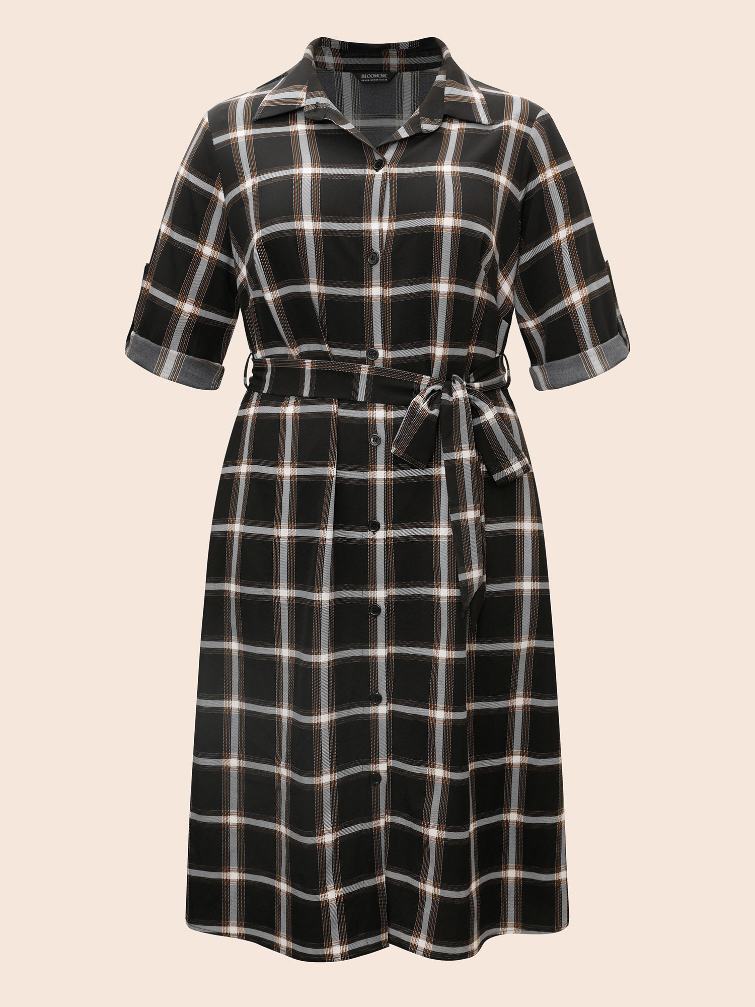 Plaid Shirt Collar Belted Tab Sleeve Dress