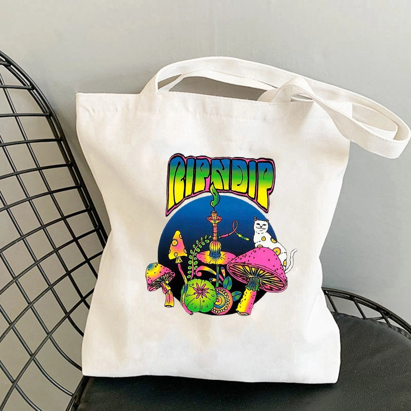 Women's Canvas Printing Letter Mushroom Cute Basic Square Open Canvas Bag