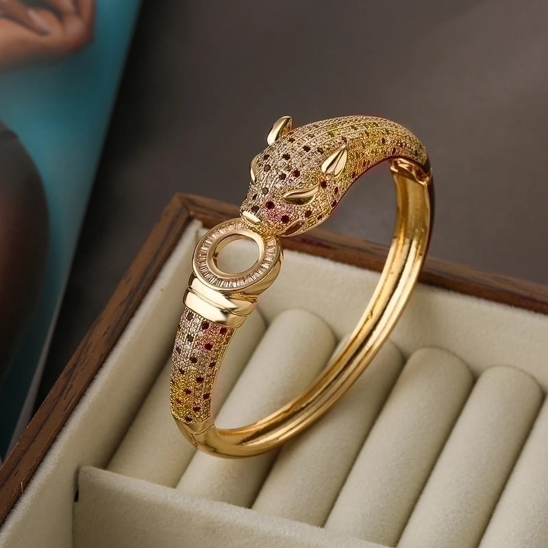 2 Pieces Hip-hop Leopard Copper 18k Gold Plated Pearl Zircon Bangle In Bulk