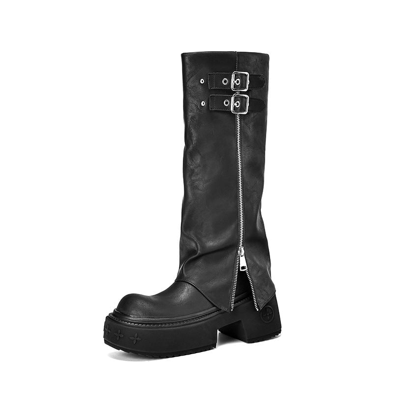 Women's Round Toe Folded Leather High-Calf Boots With Double Buckle in Black/Dark Brown