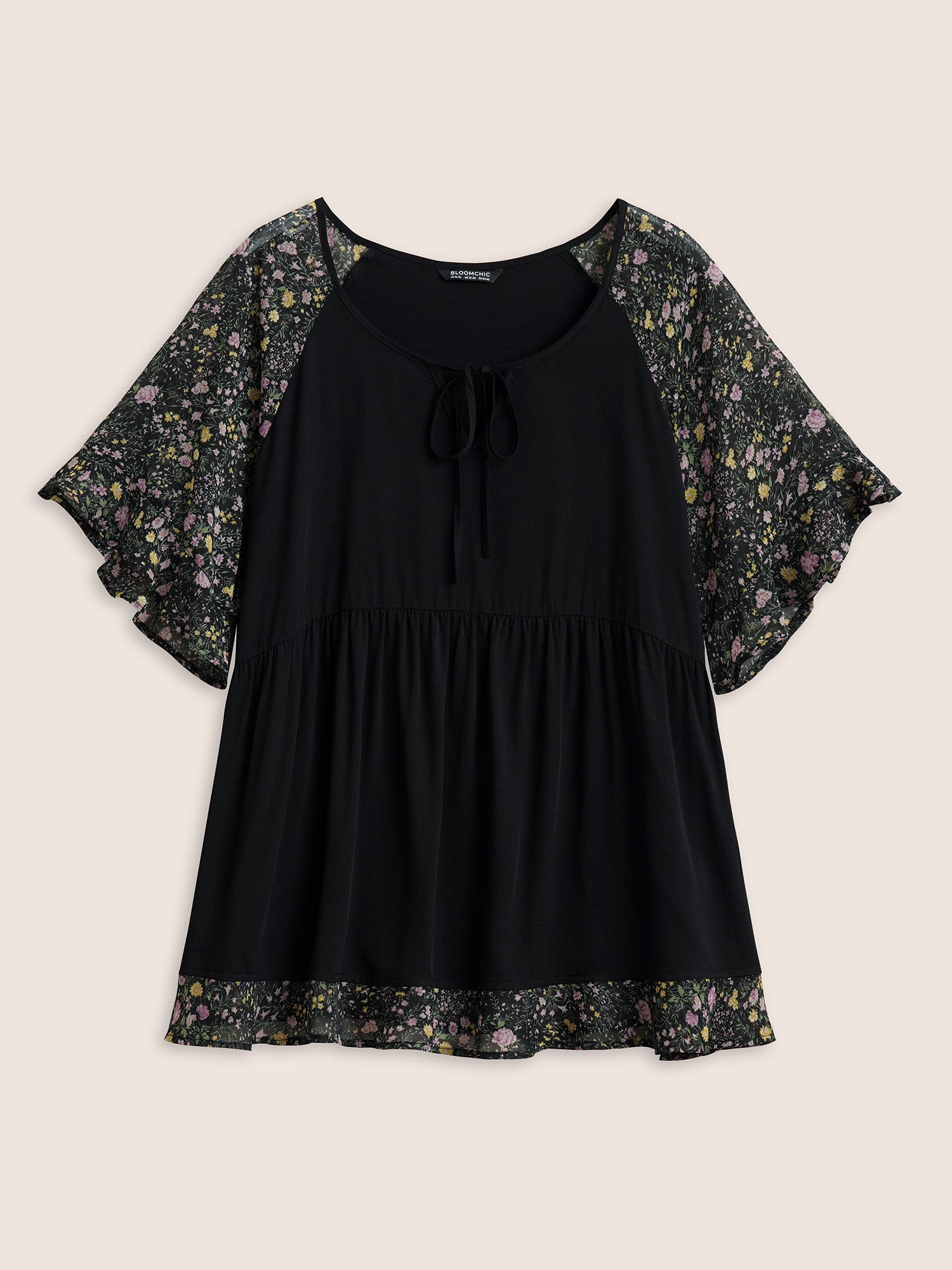 Ditsy Floral Patchwork Ties Flutter Sleeve Blouse
