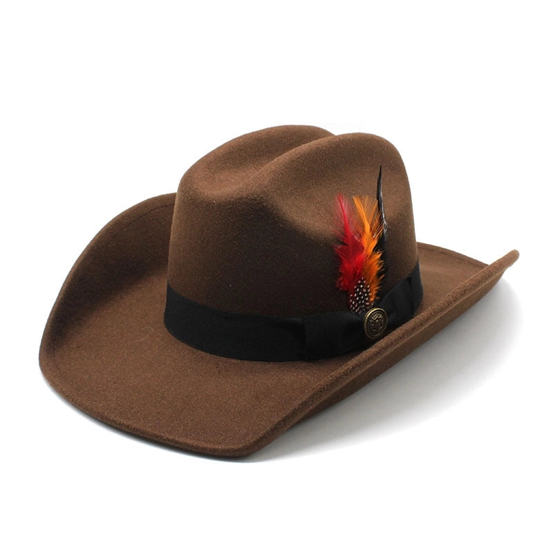 Men's Woolen Western Black Cowboy Hat Feather Hump Autumn And Winter Riding Fashion Hat