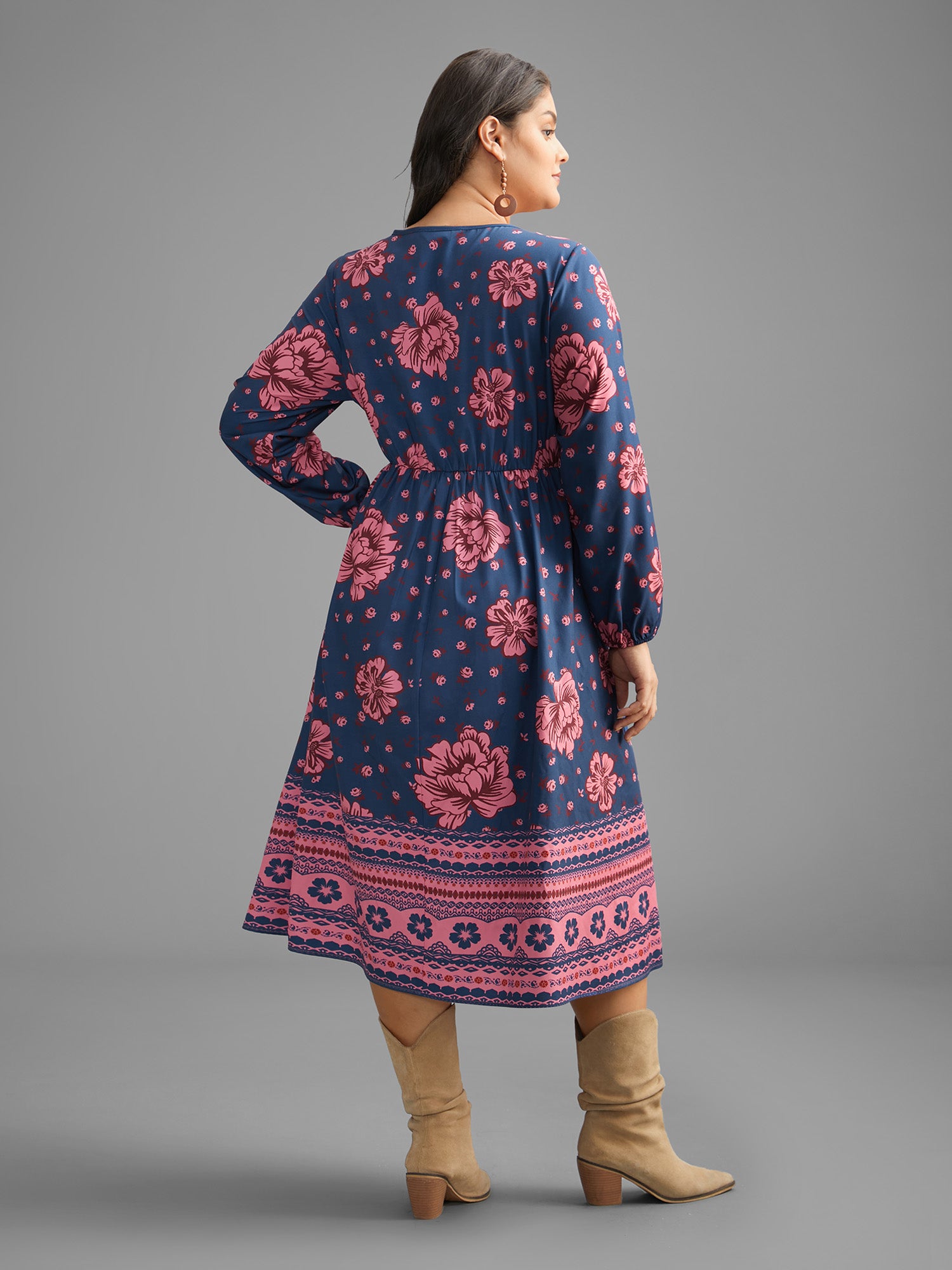 Boho Print V Neck Elastic Waist Dress