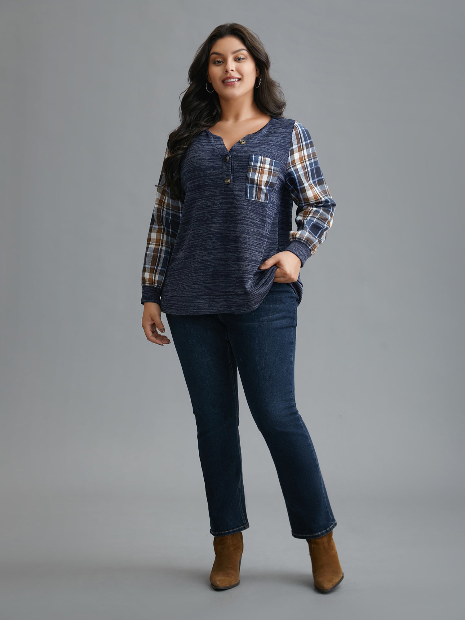 Plaid Sleeve Button Up Patchwork Sweatshirt