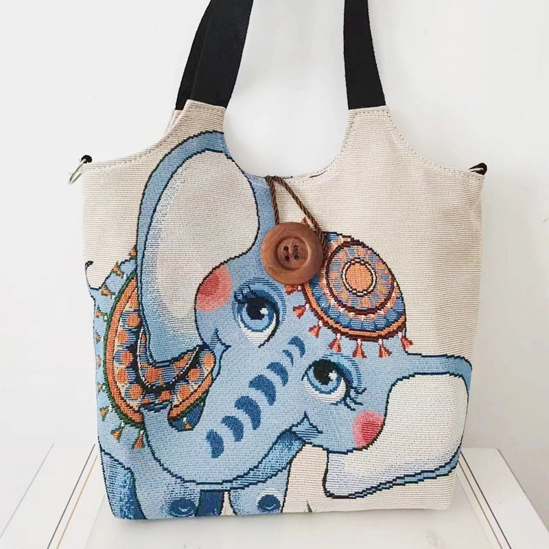 Women's Large Canvas Elephant Ethnic Style Square Zipper Shoulder Bag