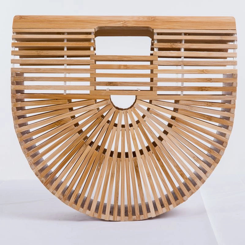 Women's Medium Bamboo Solid Color Vacation Beach Open Beach Bag