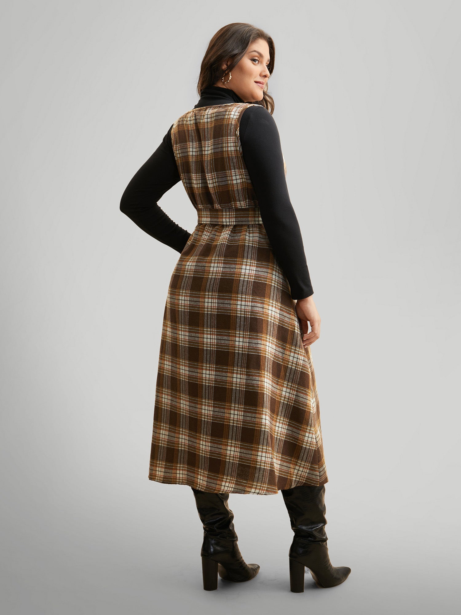 Square Neck Plaid Belted Dress