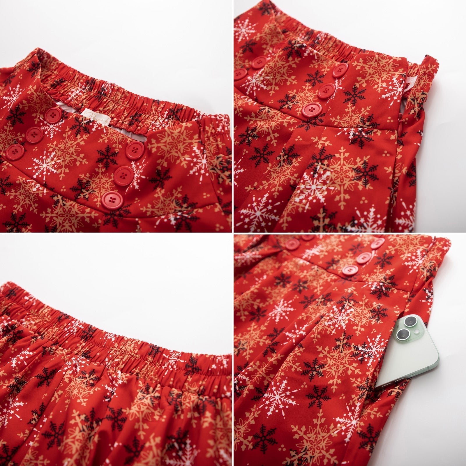 Cherry Patterns Pleated Buttons Decorated Elastic Waist High Waist Swing A-Line Skirt with Pockets