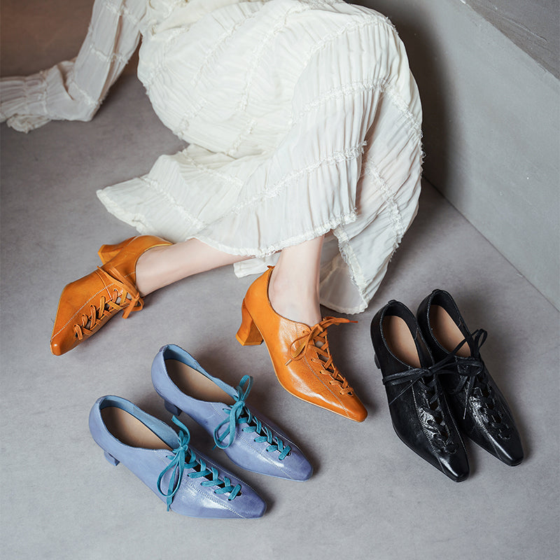 Elegant 60mm Kitten Heel Pointed Toe Handmade Leather Lace-Up Pumps in Yellow/Blue/Black