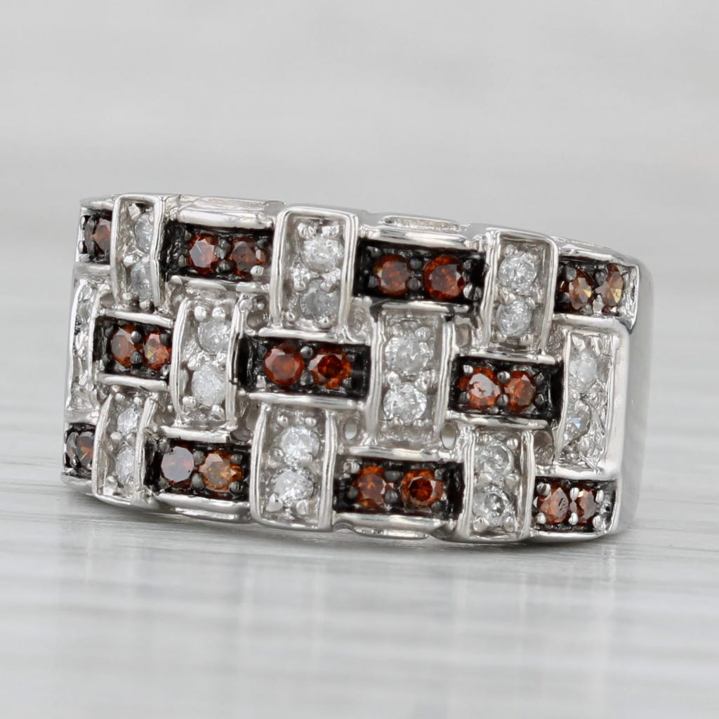 0.34ctw Brown Orange White Diamond Lattice Work Ring 14k White Gold Size 6