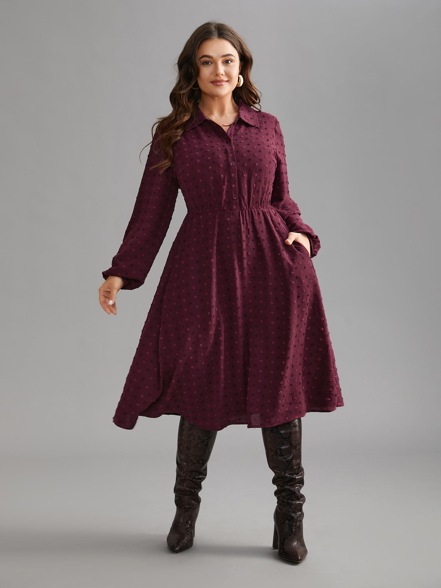 Textured Shirt Collar Button Front Midi Dress