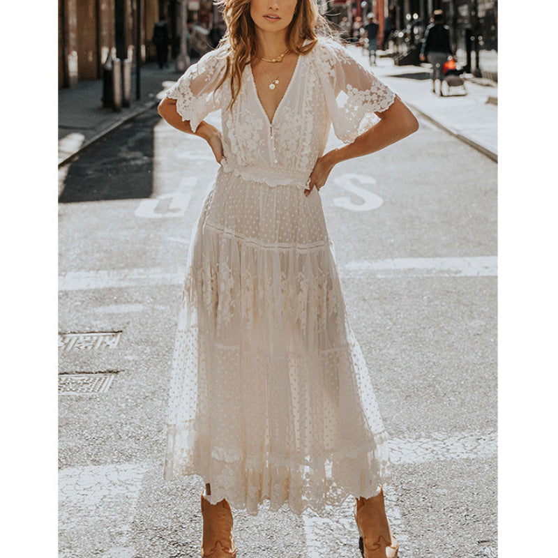 Boho Dress for Women|Bohemian Dress|Midi Boho Dress| Solid Short Sleeve Sexy Lace Bohemian Maxi DressV-neck Boho Sundress Vestidos|Wedding Guest Dress