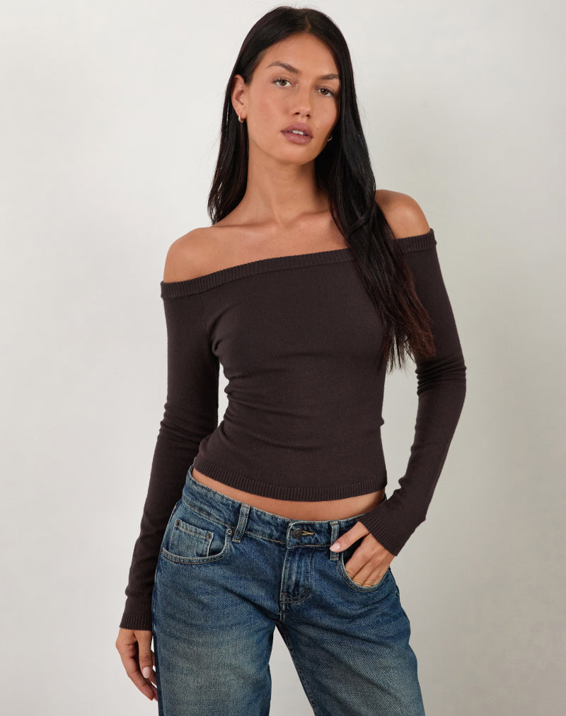 Renie Bardot Top in Dark Brown Knit