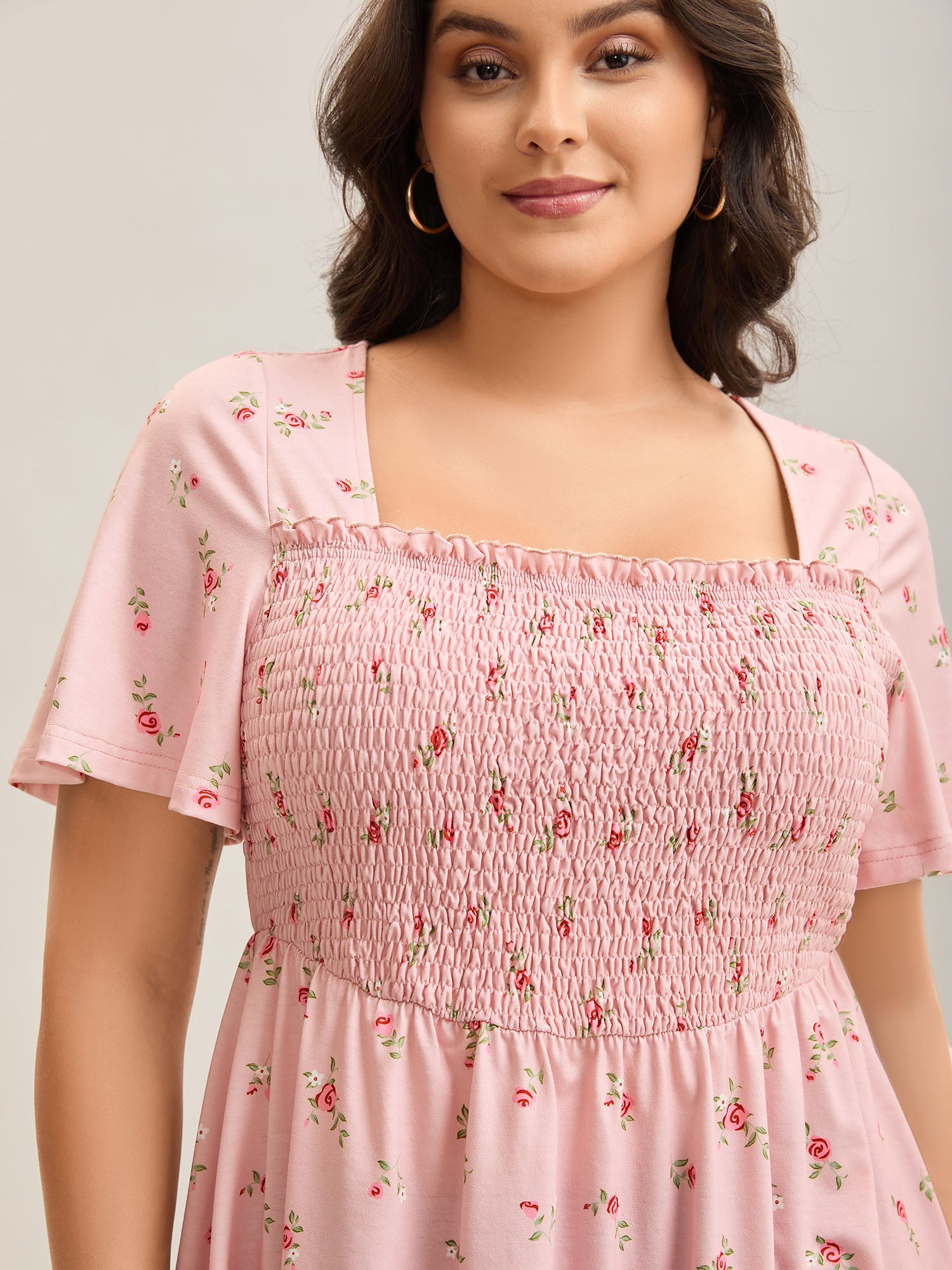 Flirty Floral Print Shirred Knit Top