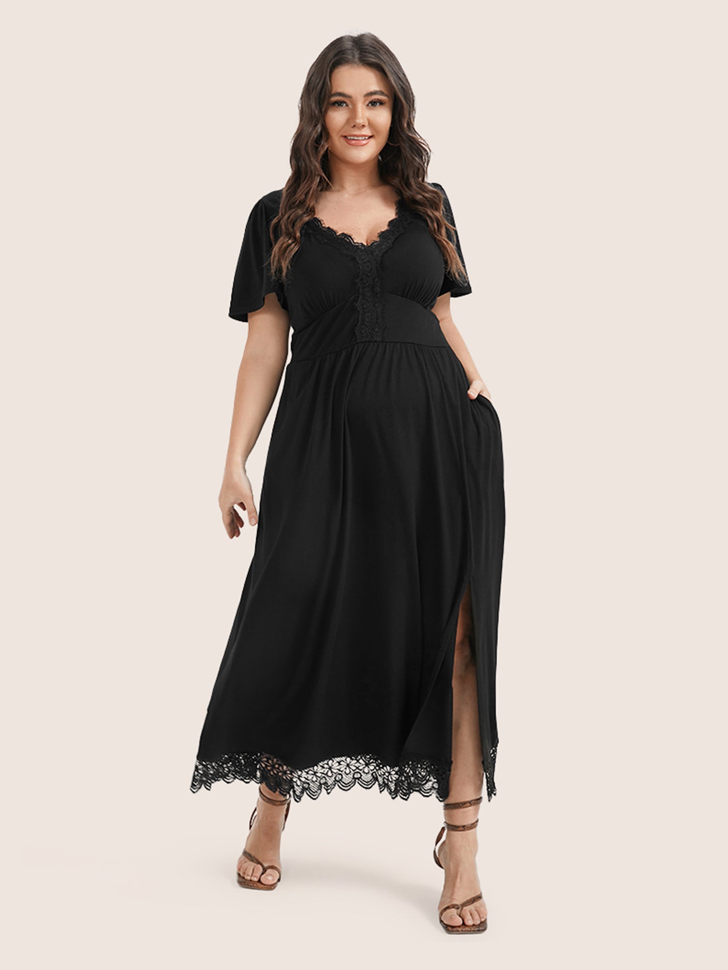 Solid Pocket Contrast Lace Split Maxi Dress