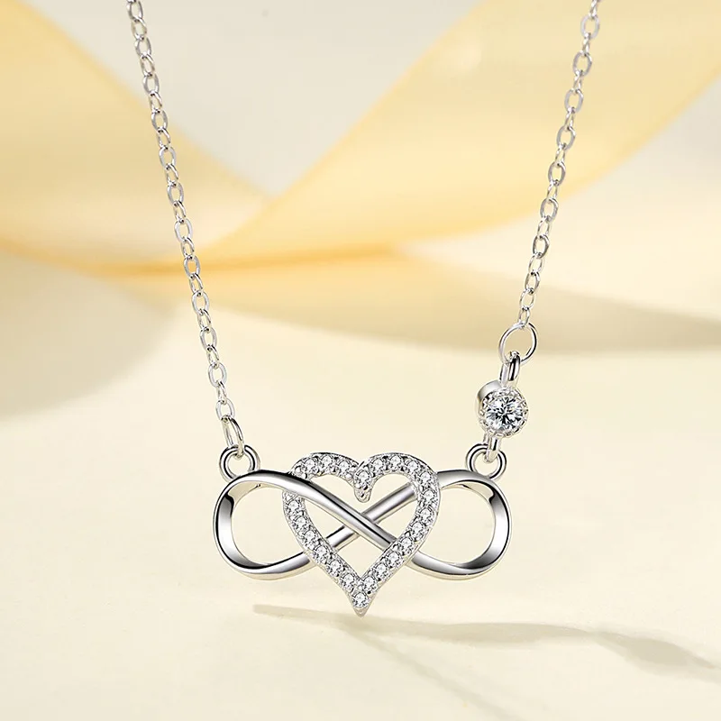 Hot Trendy Woman Gift Jewellery 925 Sterling Silver Micro Pave CZ Heart infinity Pendant Necklace