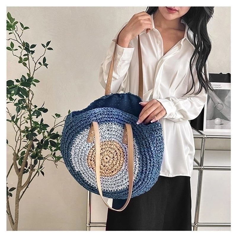 Women's Straw Color Block Basic Round Zipper Shoulder Bag