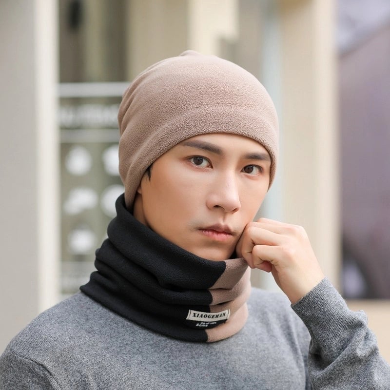 Two-piece Men's Scarf Winter  Simple Men's And Women's Winter Warm Hat Thickened Scarf Cover Student Head Collar