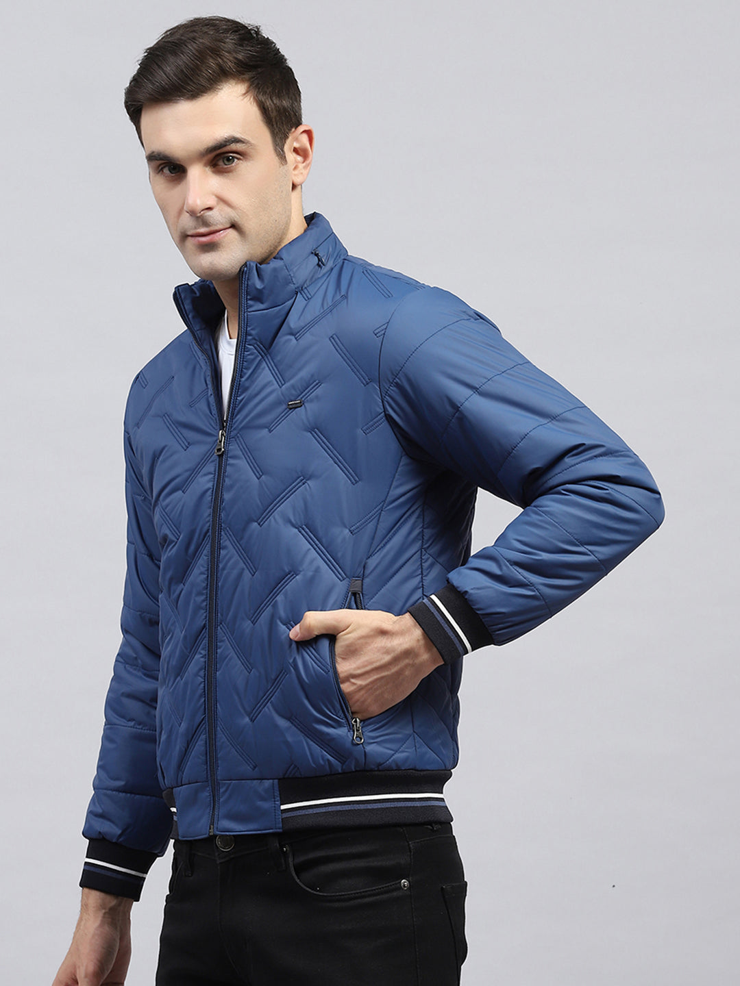 Men Blue Solid Detachable Hood Full Sleeve Jacket