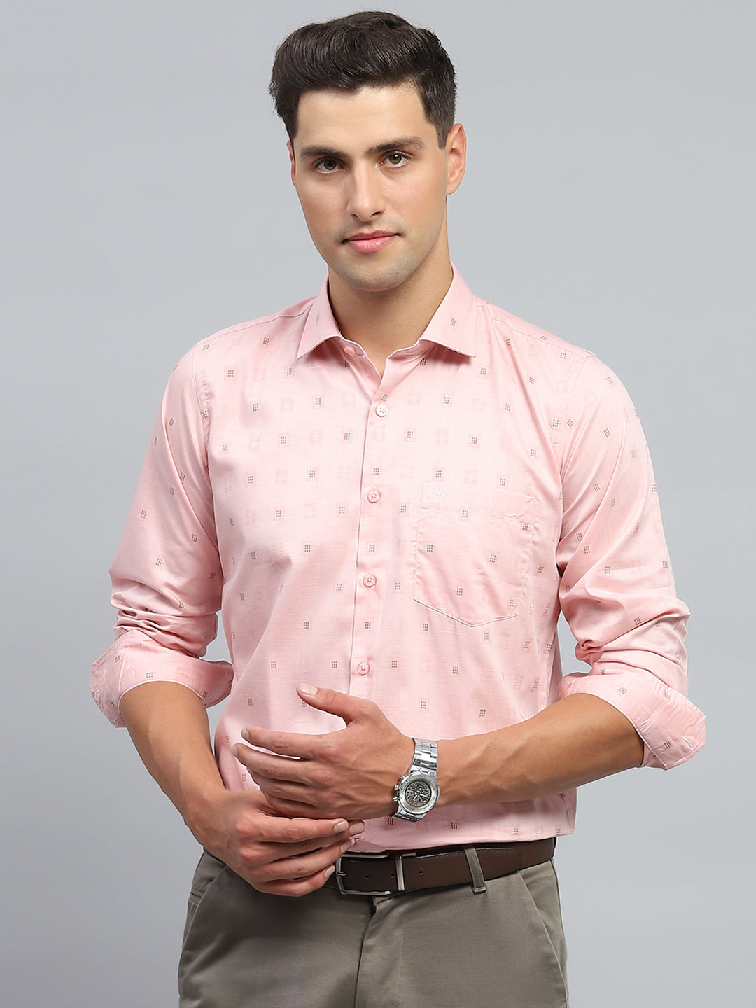 Men Peach Printed Collar Full Sleeve Shirt