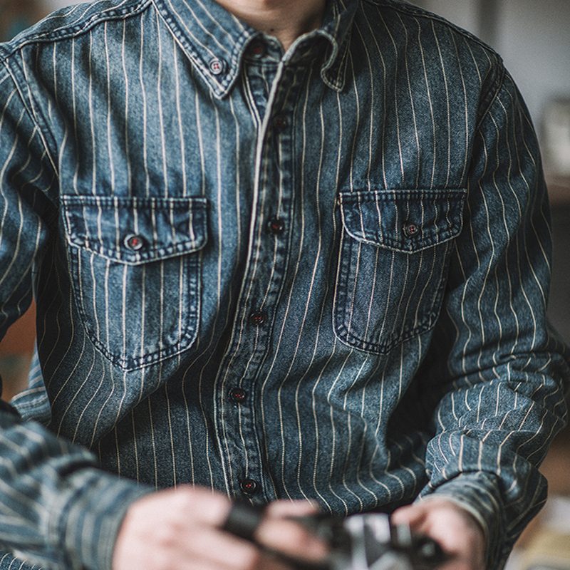 Retro Heavy Vertical Striped Denim Casual Shirt