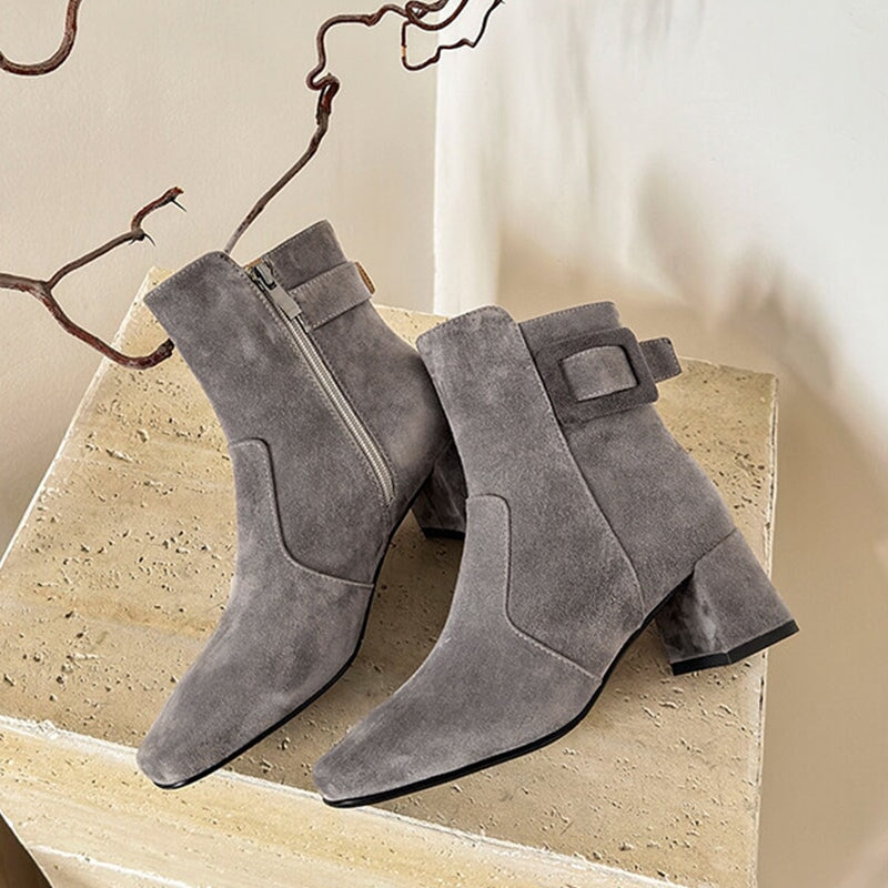 Women's Elegant Ankle Boots 55mm Heels Side Zipper Slimming Boots in Black/Grey