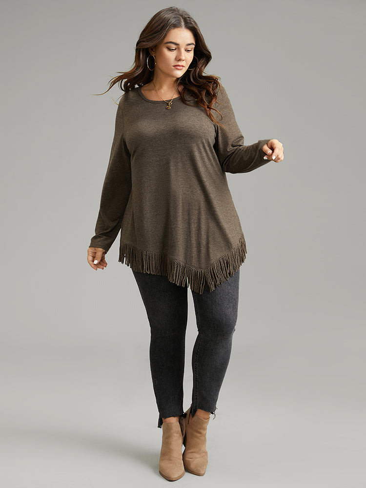 Plain Tassels Trim Hem Long Sleeve T-shirt