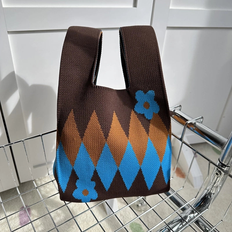 Women's Polyester Printing Color Block Cute Square Open Handbag