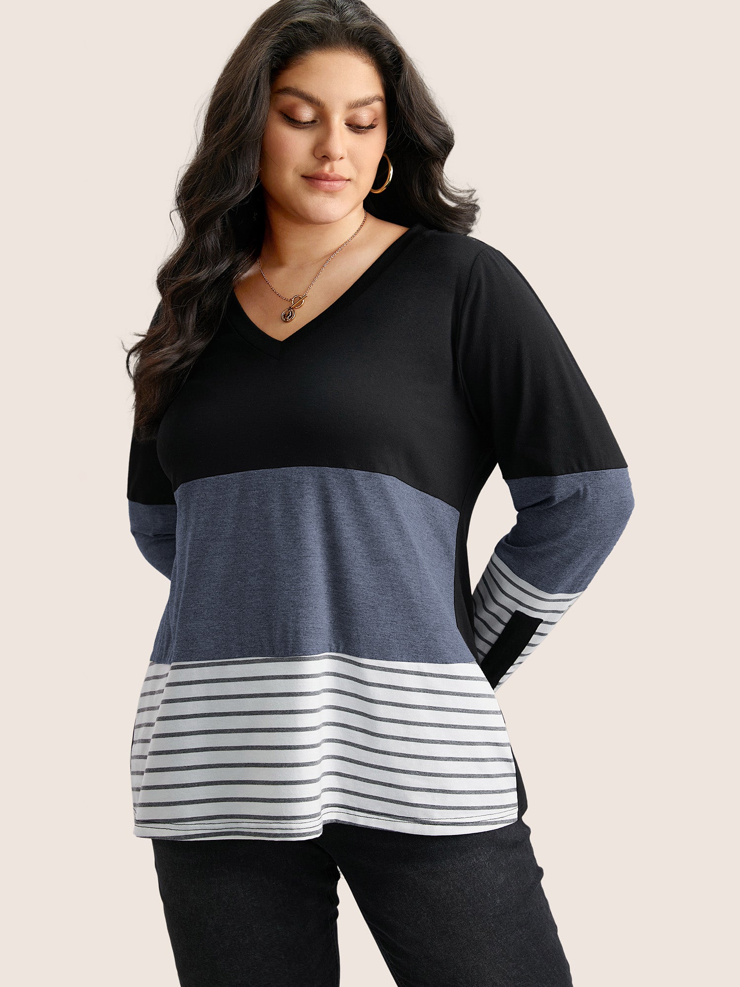 Colorblock Contrast Striped V Neck T-shirt