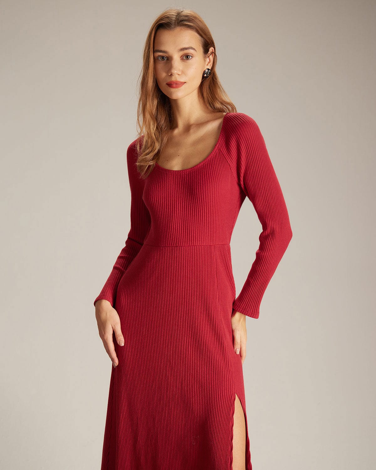 The Red Ribbed Side Split A-Line Maxi Dress