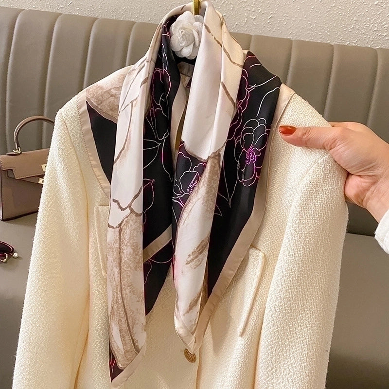 Women's Elegant Classic Style Color Block Satin Printing Silk Scarf