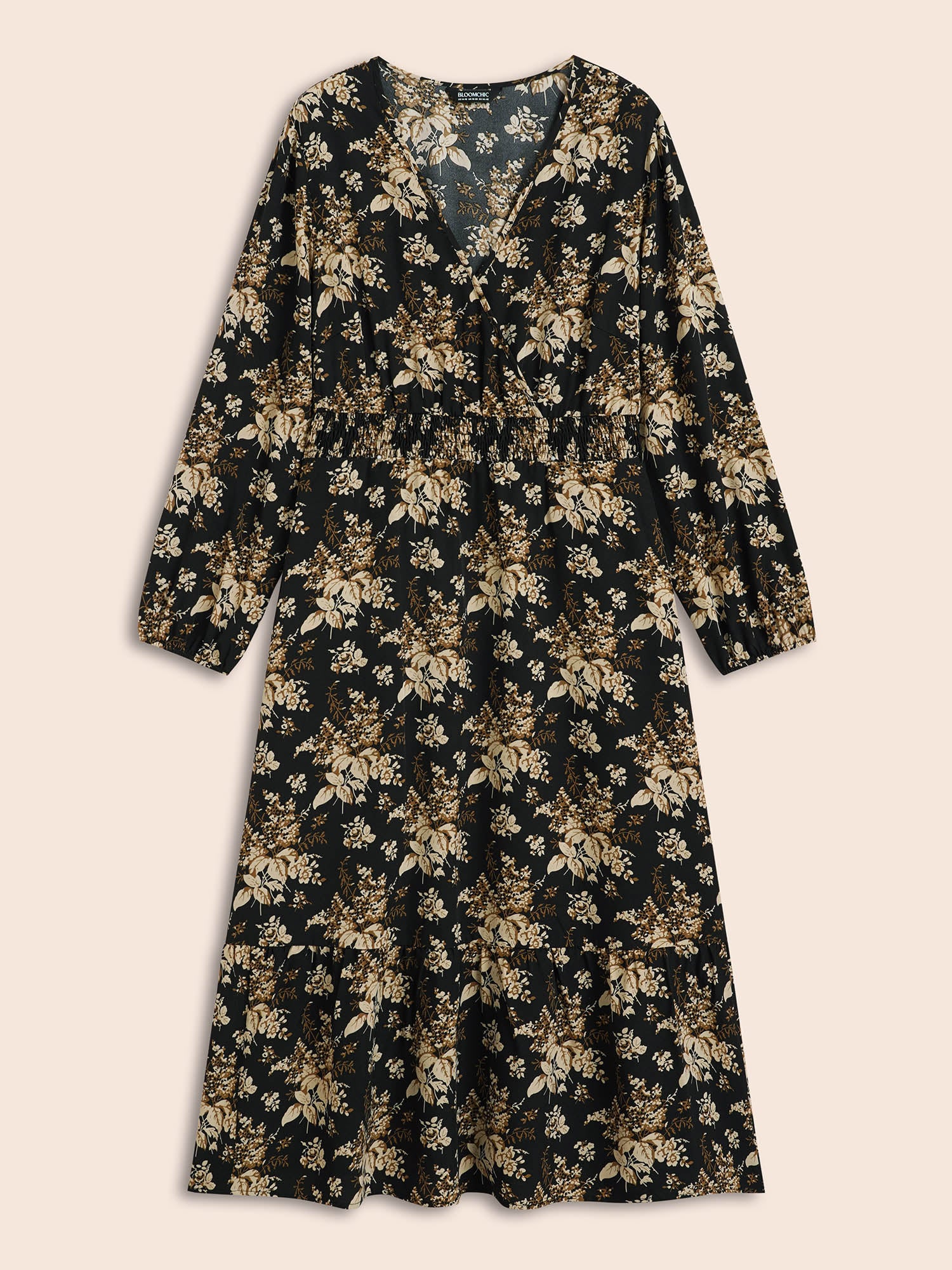 Floral Overlap Collar Shirred Midi Dress
