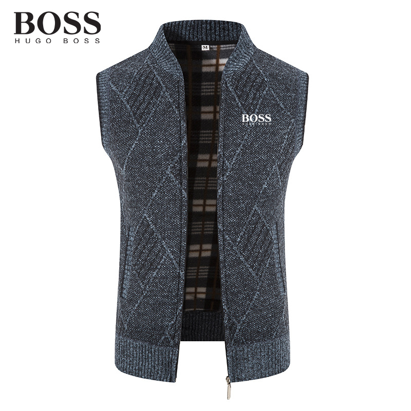 BOSS Men-s Knitted Fleece Thickened Pattern Sleeveless Sweatershirt