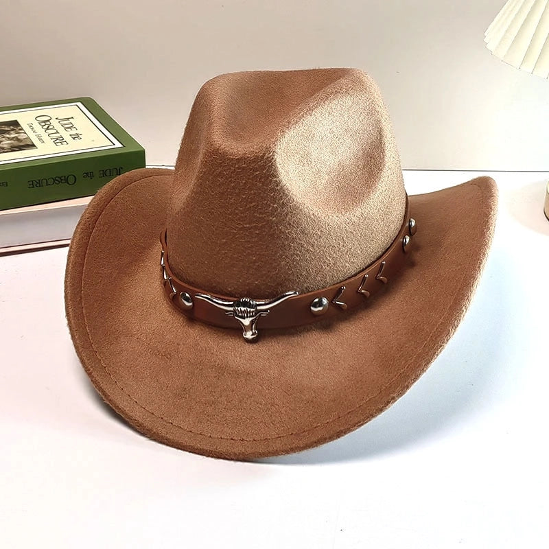 Autumn And Winter Woolen Denim Jazz Felt Hat For Men And Women Cow Head Mark Curled Top Hat Tibetan Sunshade Sunscreen Hat